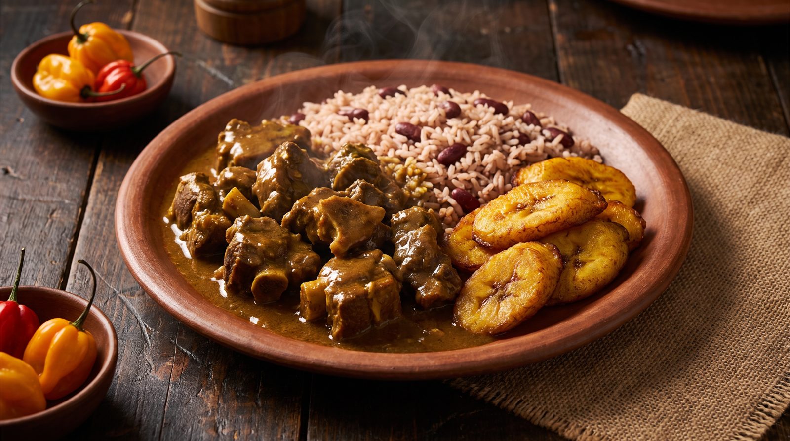 Curry goat with rice and peas and fried plantain, Kitchen Hut